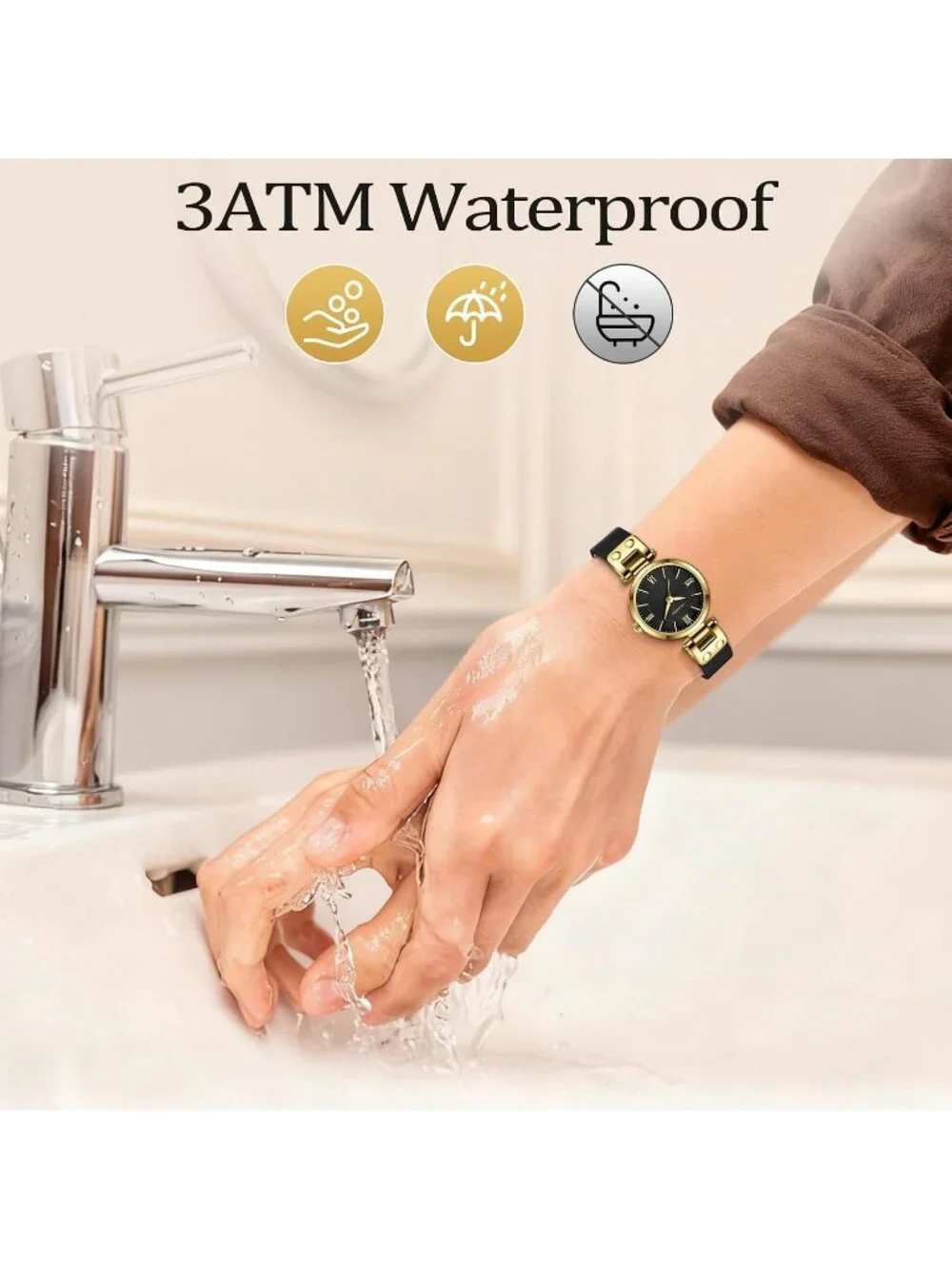 Women's All Black Elegant Classic Small Gold Leather Stylish Ladies Wrist Watch